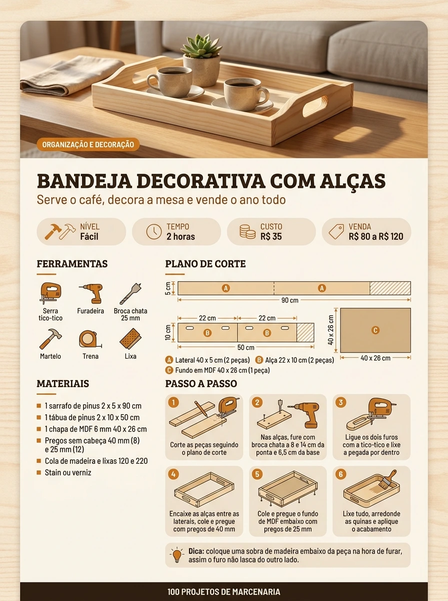 Página com a lista de materiais e as medidas de cada peça
